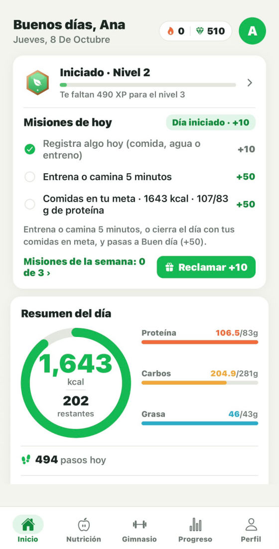Inicio de NyTia: tus misiones de hoy y tu resumen del día