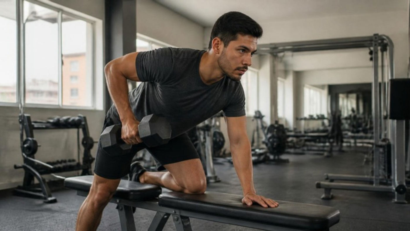 Un hombre haciendo remo con mancuerna en el gimnasio